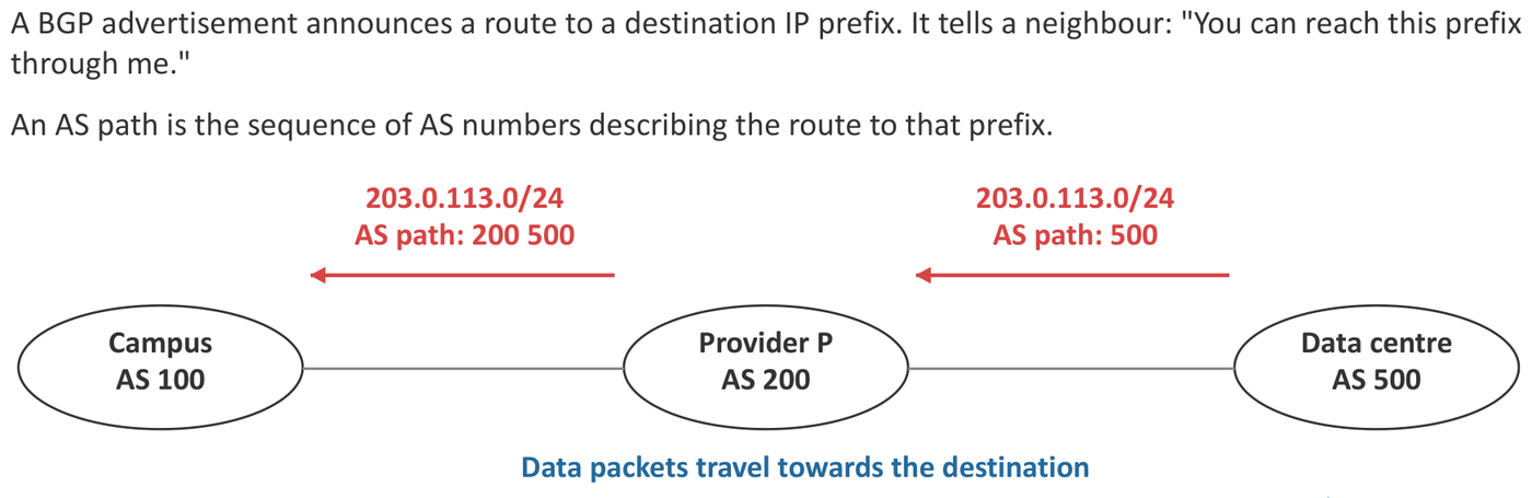 The data centre (AS 500) announces 203.0.113.0/24. The provider (AS 200) passes it on with path “200 500”.